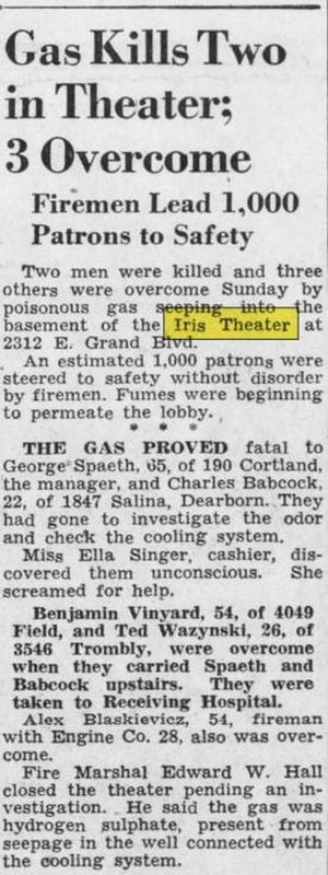 June 1945 gas kills 2 at iris Iris Theatre, Detroit